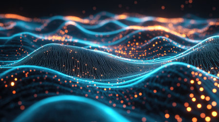 Futuristic 3D rendering of interconnected dots and lines, creating an abstract digital background representing data flow and communication.の素材