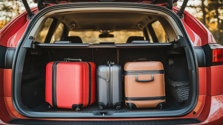 Open view of a large car trunk with suitcases neatly packed inside, highlighting the spacious capacity ideal for long journeys and travel adventures.の素材