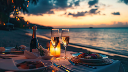 Honeymoon dinner setup on the beach at sunset, with a beautifully decorated table, champagne, and an ocean view, perfect for a romantic evening.の素材