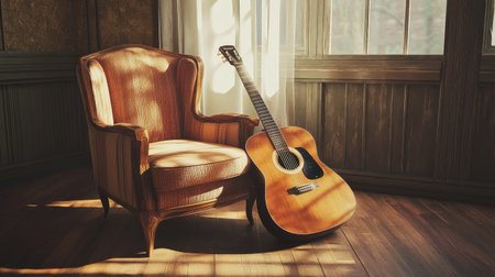 An acoustic guitar leaning against a retro armchair in a cozy room, with a wooden floor and soft sunlight streaming through a window casting long shadows.の素材