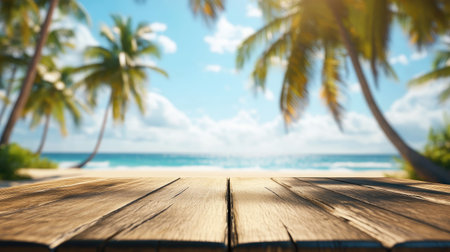 Close-up of a wooden table with a tropical beach blurred in the background, featuring coconut trees swaying in the breeze under sunny skies.の素材