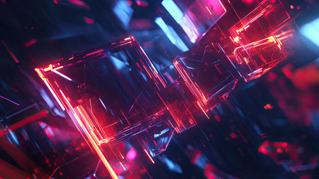 Digital 3D rendering of complex geometric shapes and neon light trails, evoking the feel of futuristic technology.の素材
