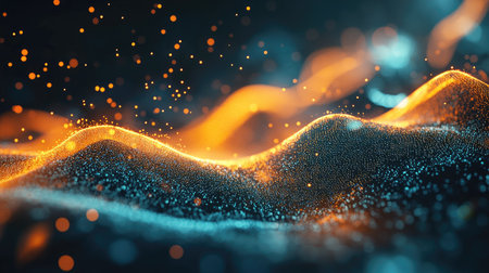 Futuristic 3D rendering of abstract shapes and digital particles in motion, creating a dynamic tech background.の素材