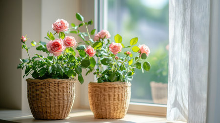 Minimalist living room with homegrown roses in stylish baskets. The light streams through the window, emphasizing the healthy green leaves and bright blossoms.の素材