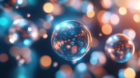 High-tech 3D rendering of floating spheres and light patterns, creating an abstract digital background perfect for tech-themed designs.の素材