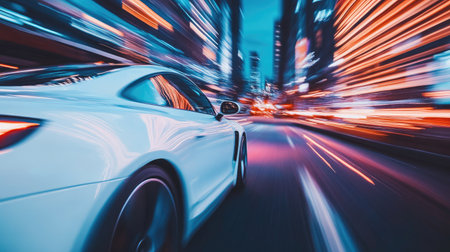 Modern car speeding along a city street at night, with blurred traffic lights and urban architecture, capturing the thrill of driving in a fast-paced metropolitan area.の素材