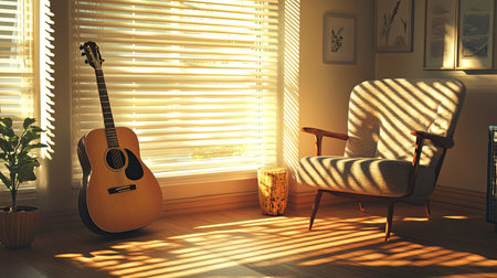 Hard light streaming through blinds in a music room, illuminating an acoustic guitar next to a retro armchair with long shadows on the floor.の素材