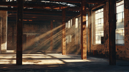 Warm sunlight streams into a weathered industrial warehouse, highlighting the rough textures of exposed brick walls and steel support columns in the open space.の素材