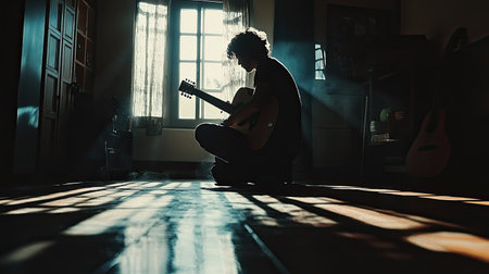 Silhouette of a musician playing guitar in a room with hard light pouring through a window, creating high contrast shadows on the floor.の素材
