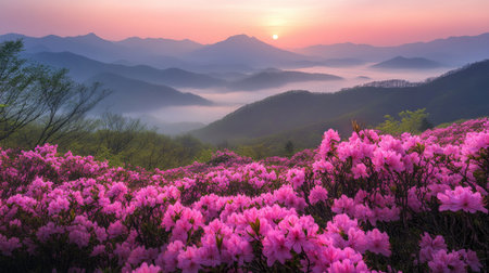 Spring sunrise over Hwangmaesan Mountain, with a field of pink azalea flowers in full bloom and misty mountain ranges in the background, creating a serene and magical scene.の素材