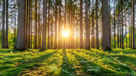 A lush green forest with moss and fern underfoot, illuminated by sun rays piercing through the spruce trees, Deister, Lower Saxony --chaos 70の素材