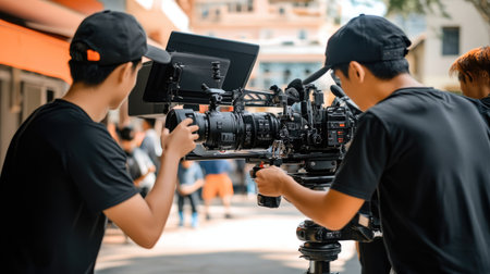 A behind-the-scenes shot of a film crew setting up a professional cinema camera and lighting equipment on set, preparing for a shoot. --chaos 70の素材