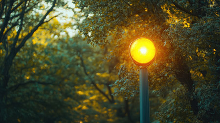 A bright yellow stoplight illuminated, with a background of daytime trees gently blurred, evoking a sense of caution and natural calmの素材