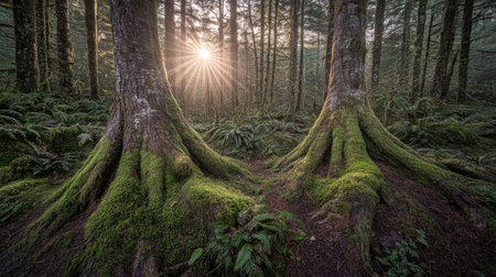 A tranquil scene of the Deister forest, sunlight streaming through tall spruces, covering the forest floor in a green blanket of moss --chaos 70の素材