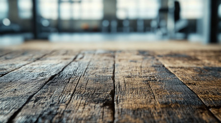 A close-up of an old wooden surface with visible cracks and texture, against a blurred gym interior, offering a perfect spot for product display or digital overlaysの素材