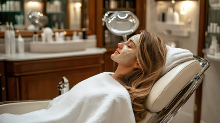 Woman in a luxurious beauty salon with a hair mask applied, relaxing in a comfortable chair as her hair undergoes a deep conditioning treatment.の素材