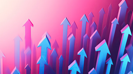 Multiple 3D arrows moving upwards on a gradient background, showcasing rapid business growth and success. Clear copy space available for text or graphics.の素材