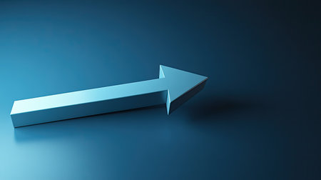 A sleek 3D arrow pointing sharply upward, conveying financial success and rising profits. Plenty of copy space on a clean background for marketing use.の素材