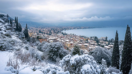 Riva del Garda in wintertime, with a light snow covering the town and surrounding landscape, Garda Lake glistening in the distance under a cloudy sky.の素材