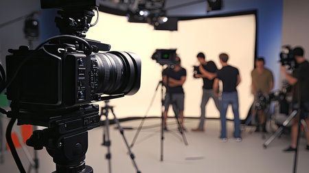 A film crew adjusts lighting and camera equipment on set, preparing for a scene with a high-end professional cinema camera in focus. --chaos 70の素材