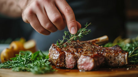 A close-up of a chef's hand adding fresh herbs to a delicious steak. Perfect for cooking enthusiasts seeking gourmet inspiration in food preparation and plating.の素材