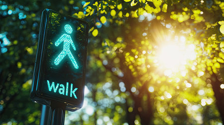 A glowing green pedestrian signal, showing the "walk" icon, with a soft-focus background of leafy trees and bright sunshine filtering throughの素材