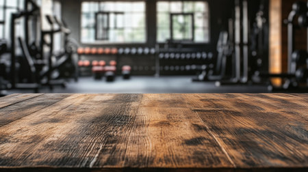 A rustic wooden table placed in front of a blurred gym filled with fitness equipment, perfect for showcasing workout products or equipment displaysの素材