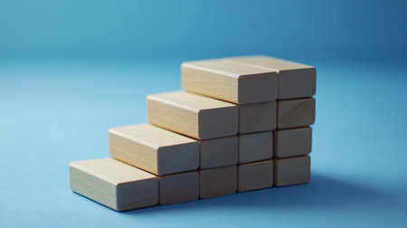 Wooden blocks stacked in a staircase formation on a blue paper background, symbolizing business growth and success. Ample copy space for text or business messages.の素材