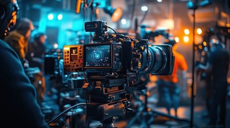A high-tech camera setup in an energized film studio, showcasing equipment and lighting, perfect for capturing the essence of modern cinematography.の素材