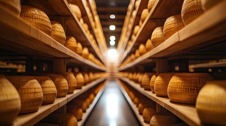 Parmigiano Reggiano cheese aging on shelves in a cheese factory in Parma, Italy. The rows seem endless, as the aroma of dairy fills the space, creating a rich sensory experience.の素材