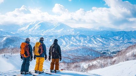 Group of snowboarders admire the distant Daisetsuzan peaks from the sunny slopes of Furano, the perfect weather adding to the breathtaking mountain scenery.の素材