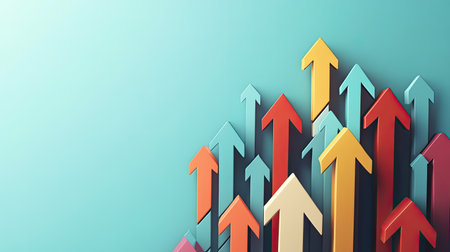 Group of colorful 3D arrows rising upward, representing financial success and upward momentum. The design includes space for text, ideal for marketing.の素材