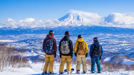 Group of snowboarders admire the distant Daisetsuzan and Tokachidake mountains from a high vantage point at Furano ski resort, enjoying perfect winter weather.の素材