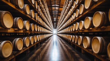 Rows of wooden shelves stacked with aging Parmigiano Reggiano cheese wheels in a traditional Italian cheese factory in Parma, Italy. A warm, rustic ambiance surrounds the space.の素材