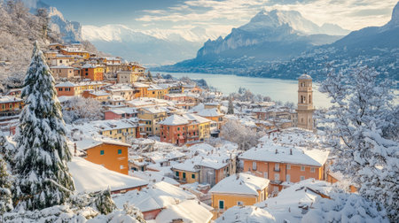 Snow-covered Riva del Garda town with Garda Lake stretching out below, framed by the snow-capped peaks of the Trentino Alto Adige region in the distance.の素材