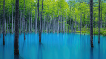 Scenic landscape of Hokkaidoaes Blue Pond, its famous blue waters surrounded by bare tree trunks and a lush green forest under a bright sky.の素材