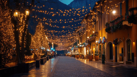 Riva del Garda town center illuminated with festive Christmas lights, sparkling along the streets and buildings at night, creating a magical holiday atmosphere.の素材