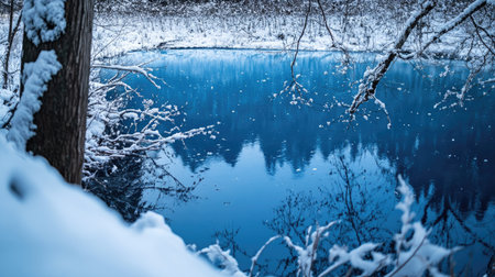 Winter view of the Blue Pond in Hokkaido, with the wateraes deep blue color contrasting with snow-covered branches and tree trunks.の素材