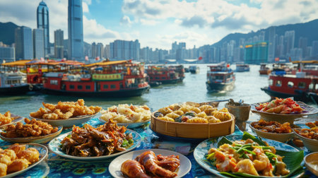 A stunning seafood spread is set against the iconic Hong Kong skyline, showcasing a variety of dishes amidst a bustling harbor atmosphere. Perfect for culinary and travel themes.の素材