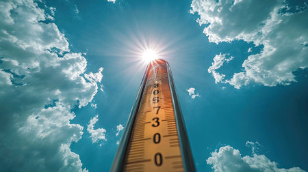 A striking image featuring a thermometer reaching towards a bright sun in a clear blue sky, surrounded by fluffy clouds. Ideal for themes of weather and summer.の素材