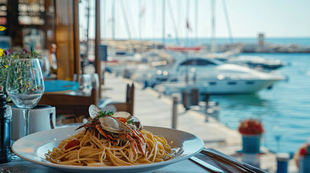 A beautiful plate of pasta sits elegantly on a table with a stunning marina view. This scene evokes relaxation and enjoyment of fine dining by the sea.の素材