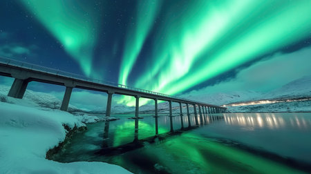 A stunning scene featuring northern lights illuminating a bridge over a calm river in winter, creating a magical and serene atmosphere.の素材