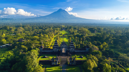 A breathtaking aerial view of a majestic mountain looming over lush greenery and traditional temple gates, capturing the essence of serene tropical beauty.の素材