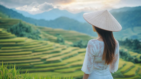 A woman wearing a traditional hat gazes over lush rice terraces at sunset. The serene landscape captures nature's beauty and cultural heritage, inviting peace.の素材