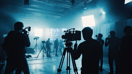 A dynamic photo shoot scene captures camera crew members in action amidst bright lights and shadows, showcasing a collaborative creative environment.の素材