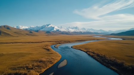 A breathtaking aerial view of a meandering river winding through vast grassy plains, framed by majestic snow-capped mountains under a clear blue sky.の素材