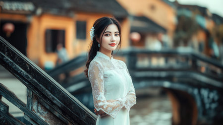 A captivating portrait of a woman in a traditional dress posing by a historic bridge. The serene setting reflects beauty and cultural heritage, perfect for lifestyle themes.の素材