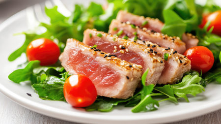 Savor the fresh tuna slices artfully placed on a bed of vibrant greens and cherry tomatoes, creating a delicious and visually appealing meal.の素材
