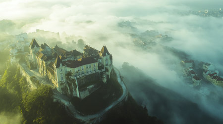 A stunning aerial view of a majestic castle surrounded by a thick blanket of mist and fog, creating a tranquil and serene atmosphere at dawn.の素材