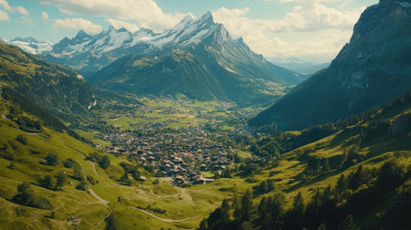 Explore a breathtaking view of a mountain range overlooking a charming valley. The landscape features rolling hills, a serene village, and a clear blue sky ideal for nature lovers.の素材